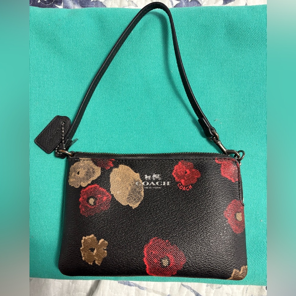 Coach Black Bag with Red and Tan Floral Design